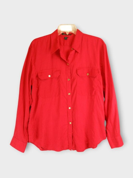 Lauren Ralph Lauren Tops - Lauren Ralph Lauren Red Linen Utility Button-Down Shirt Size XL